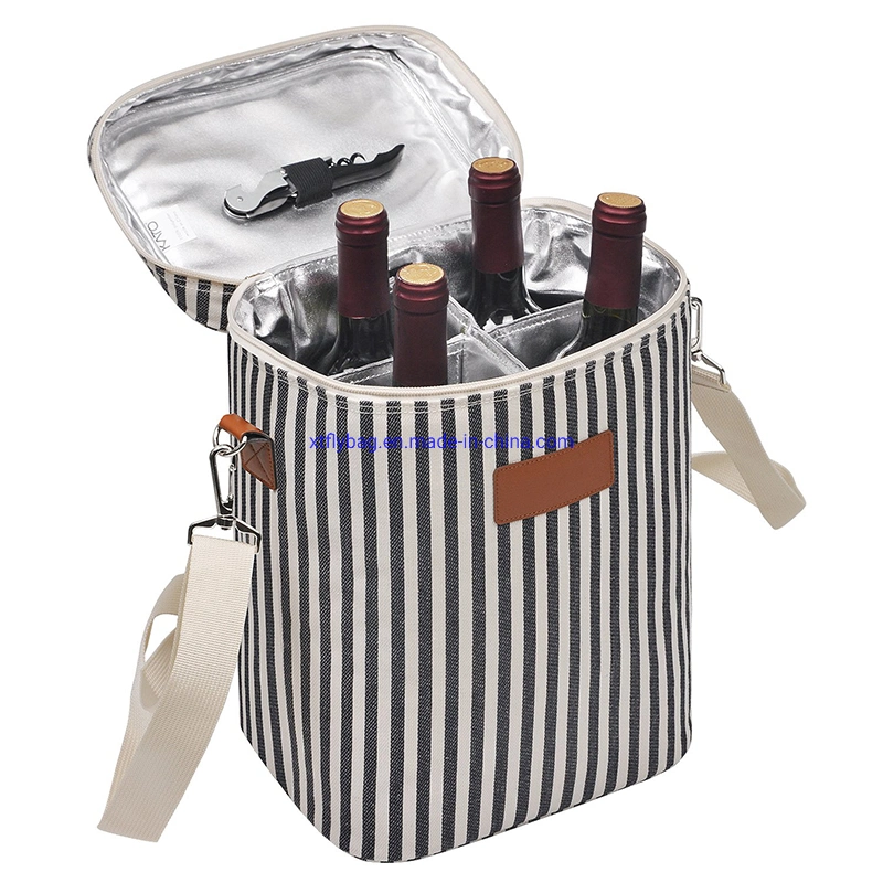 Insulated Wine Cooler Tote Leakproof 4 Bottle Travel Wine Carring Cooler Bag with Handles and Adjustable Shoulder Strap